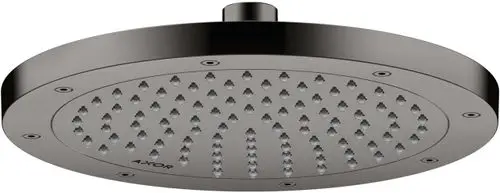Kopfbrause in Schwarzchrom mit runder Form und mehreren Düsen. Die Marke AXOR ist im Design integriert. Geeignet für moderne Badezimmer.